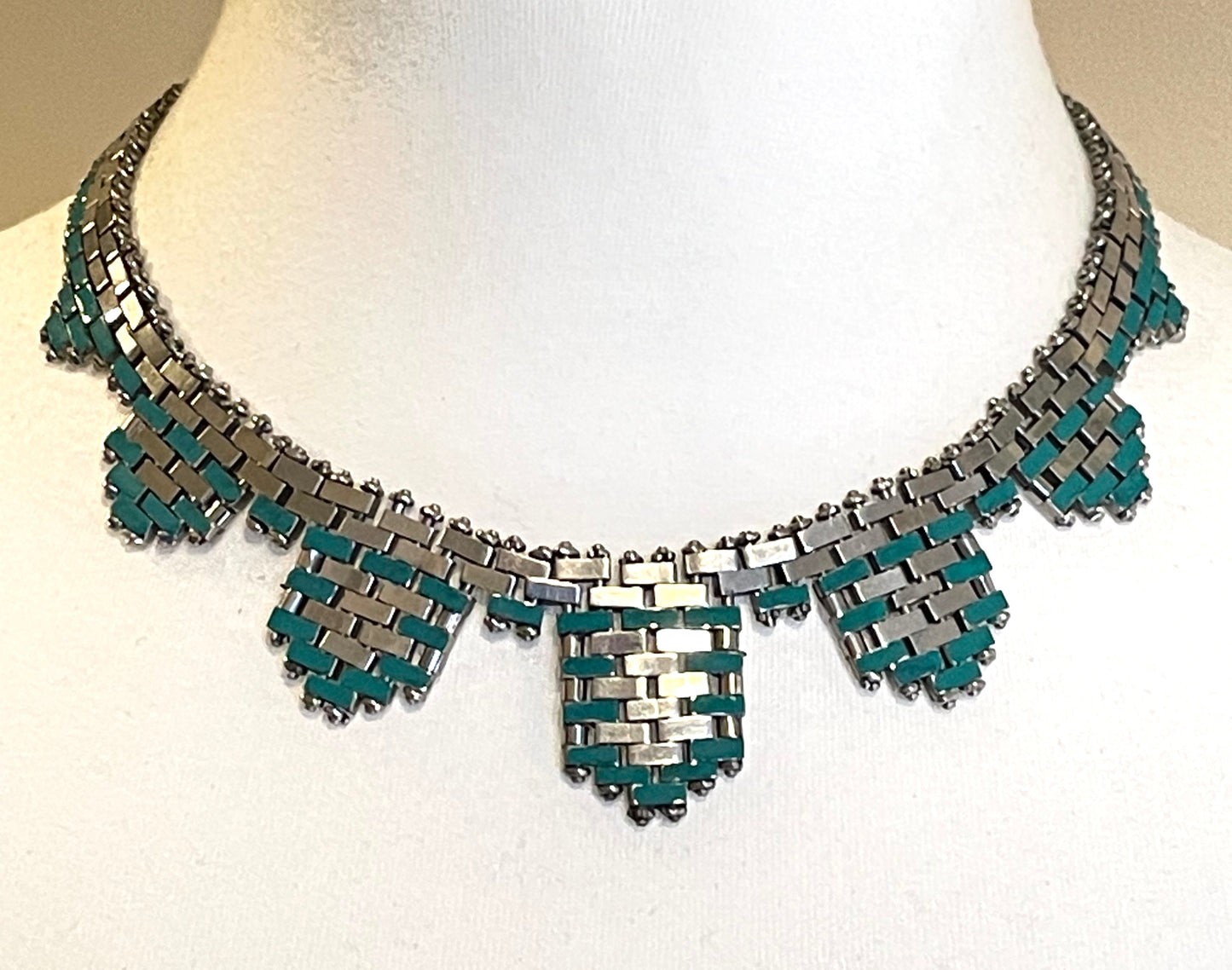 Vintage Jakob Bengel Art Deco brickwork / mauerwerk machine age shiny chrome silver tone necklace, teal green enamel embellishment