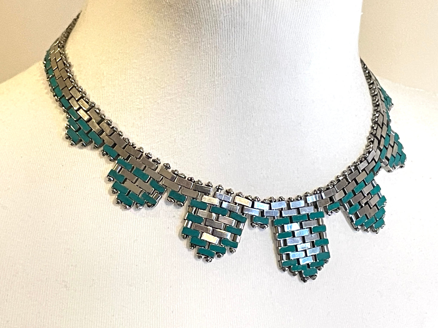 Vintage Jakob Bengel Art Deco brickwork / mauerwerk machine age shiny chrome silver tone necklace, teal green enamel embellishment