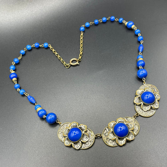 Vintage Art Deco Czech Neiger brothers, Max Neiger faux lapis lazuli glass cabochon and silver / antique gold tone necklace