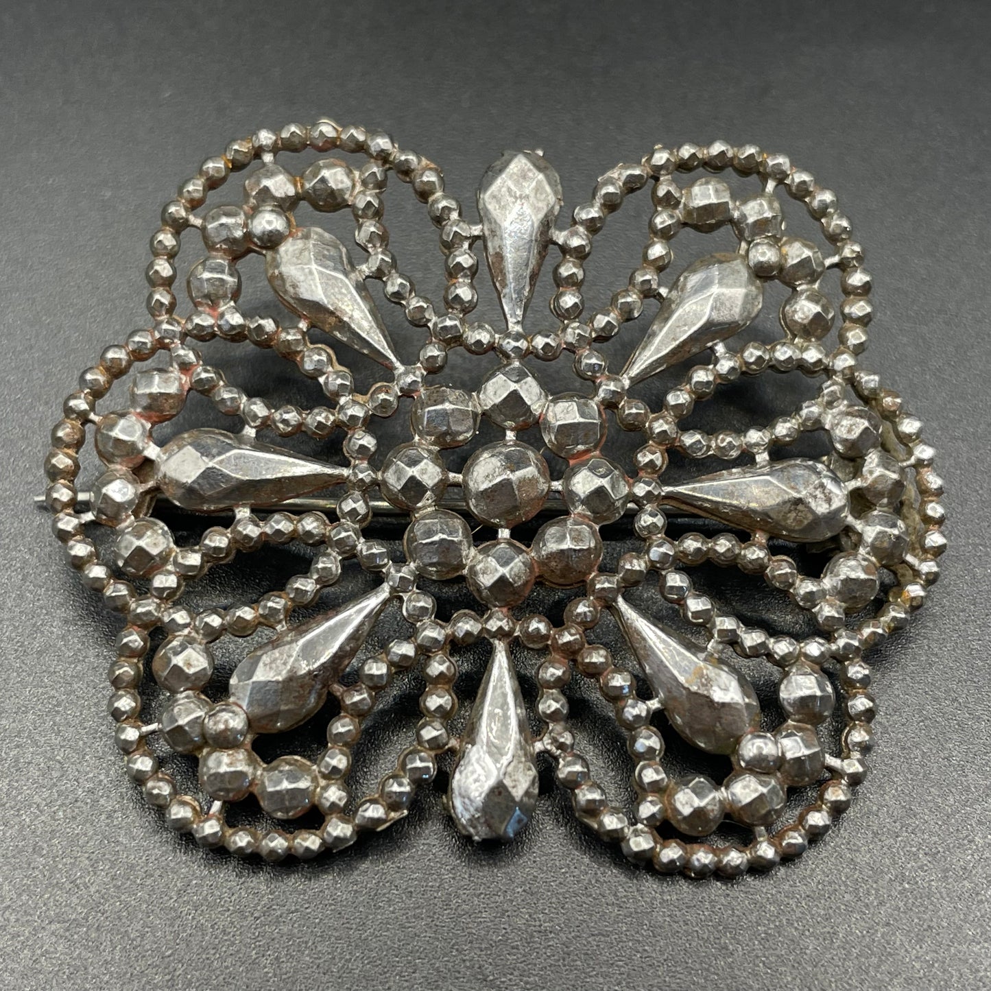 Large antique Georgian cut steel faceted brooch, rectangular shaped, beautifully ornate sparkly piece