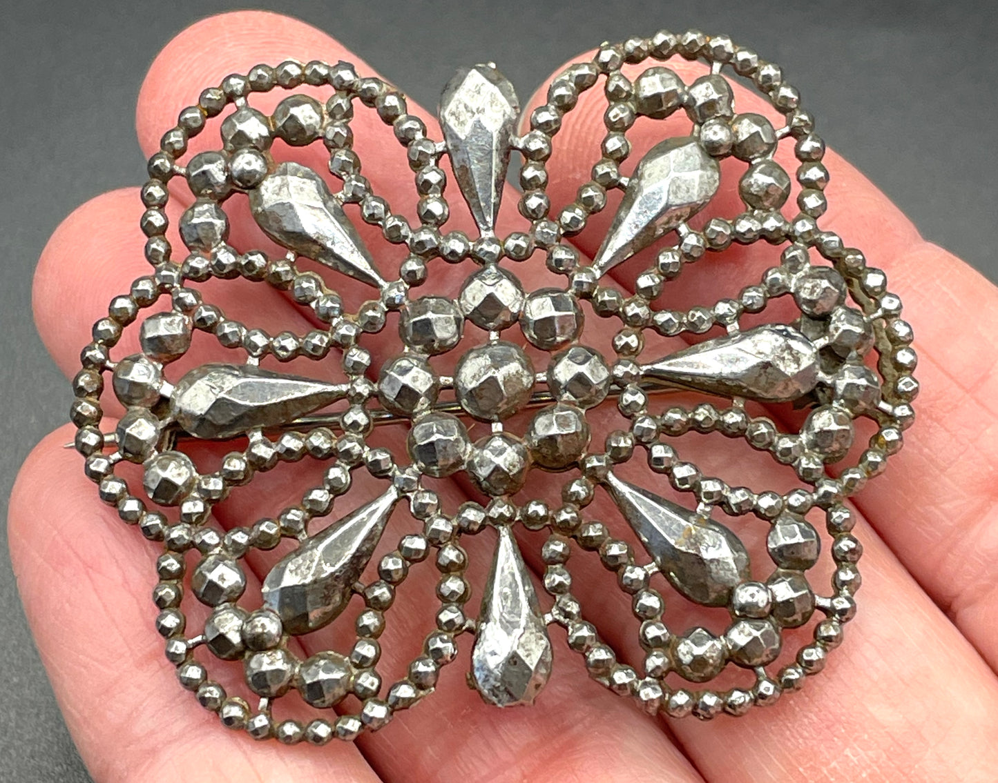 Large antique Georgian cut steel faceted brooch, rectangular shaped, beautifully ornate sparkly piece