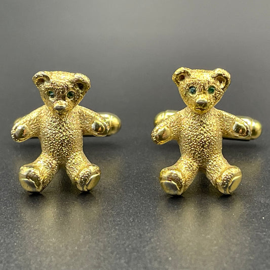 Vintage Butler and Wilson signed B&W gold tone and green rhinestone teddy bear cuff links, 40th anniversary design