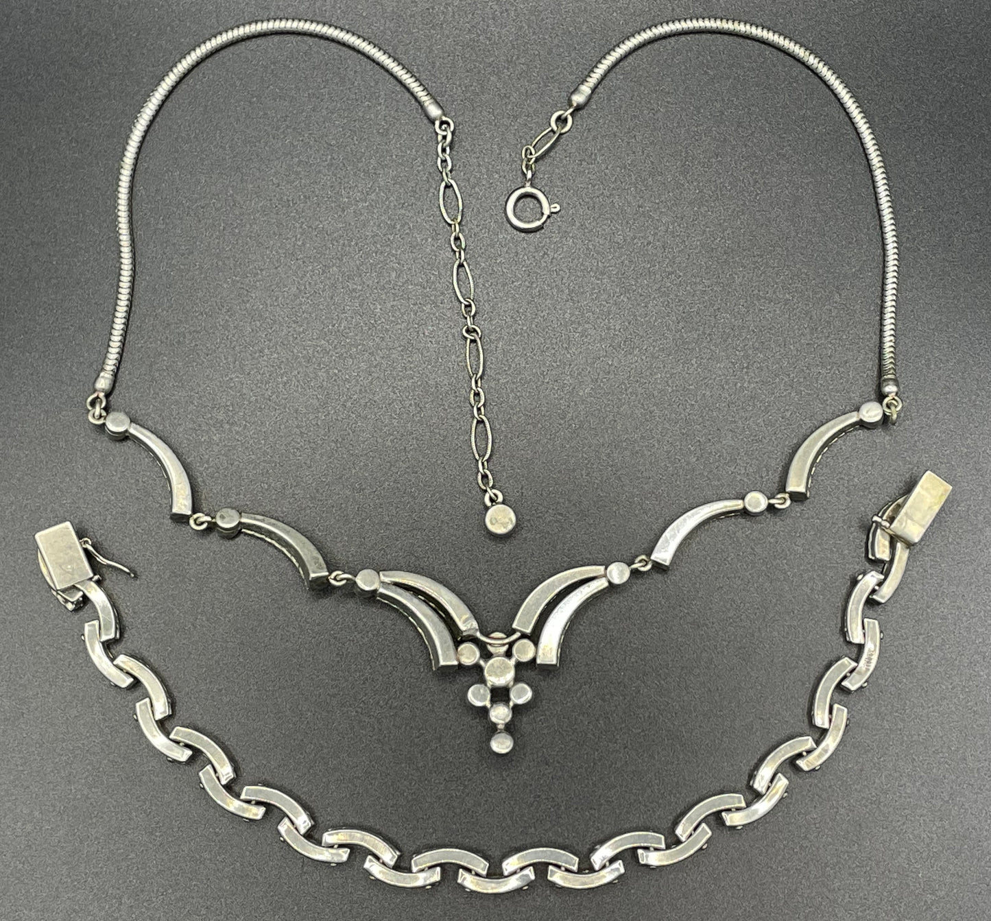 Vintage unsigned DRGM Schreiber & Hiller Art Deco paste channel set clear rhinestone and silver tone necklace and bracelet set