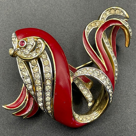 Vintage Attwood and Sawyer large fish brooch, 22ct gold plated, red enamel and rhinestone, signed A&S