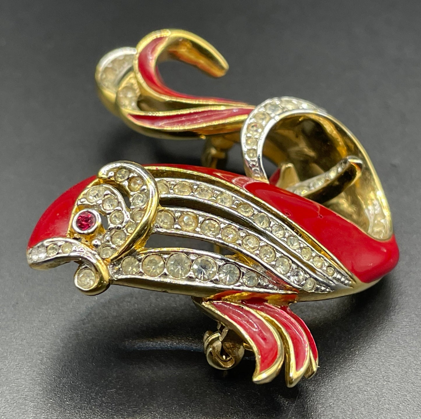 Vintage Attwood and Sawyer large fish brooch, 22ct gold plated, red enamel and rhinestone, signed A&S