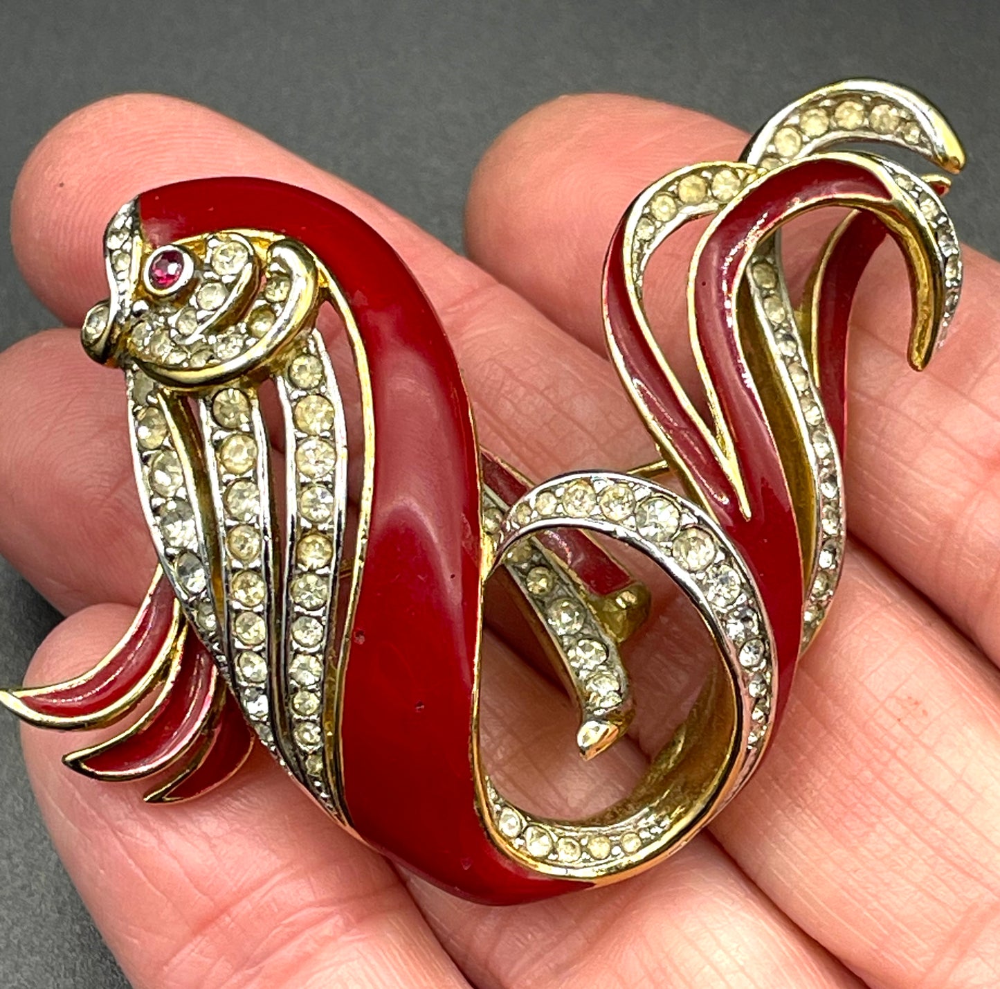 Vintage Attwood and Sawyer large fish brooch, 22ct gold plated, red enamel and rhinestone, signed A&S