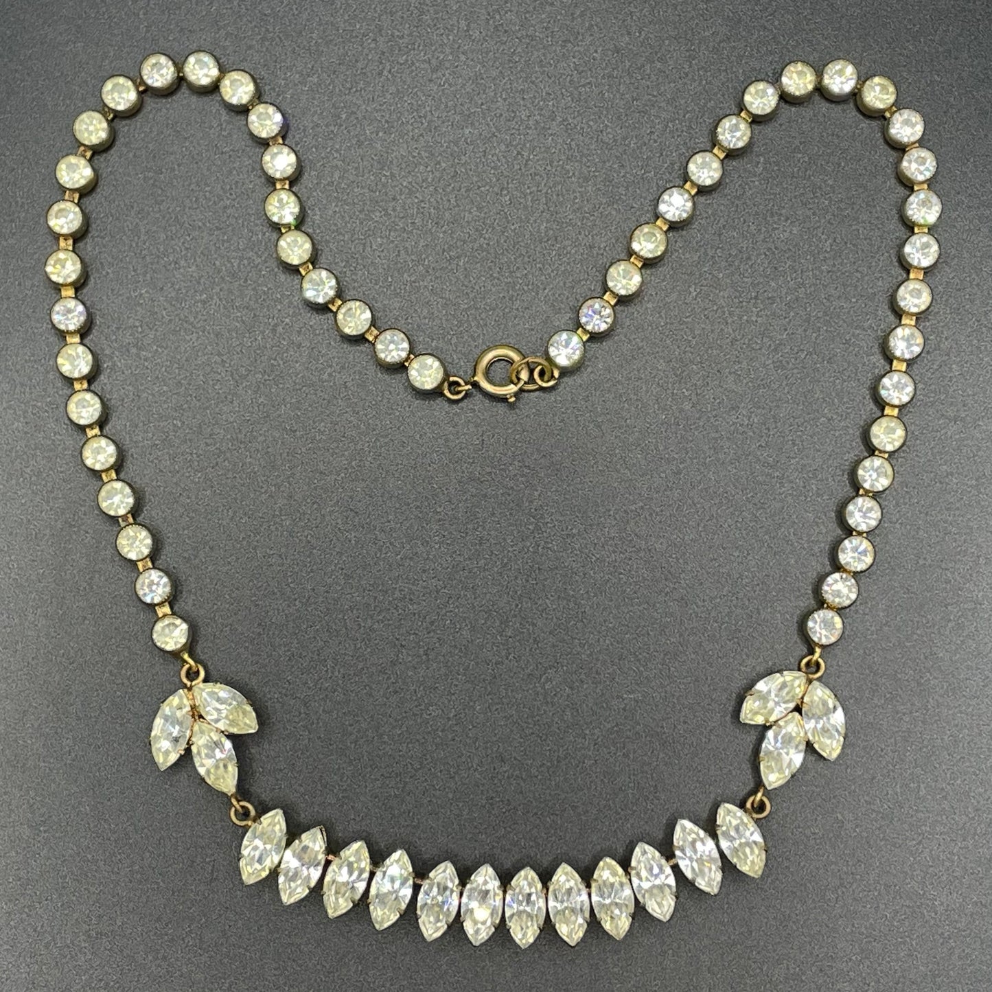 Vintage Art Deco Czech clear crystal paste and gold tone necklace, clear collet set rhinestone riviere with pretty marquise cut stones
