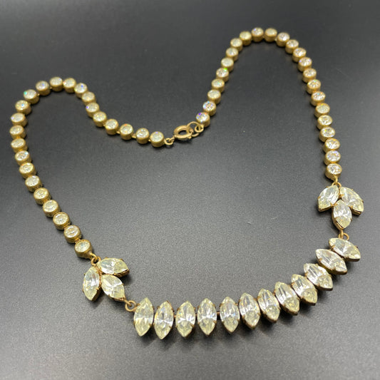 Vintage Art Deco Czech clear crystal paste and gold tone necklace, clear collet set rhinestone riviere with pretty marquise cut stones