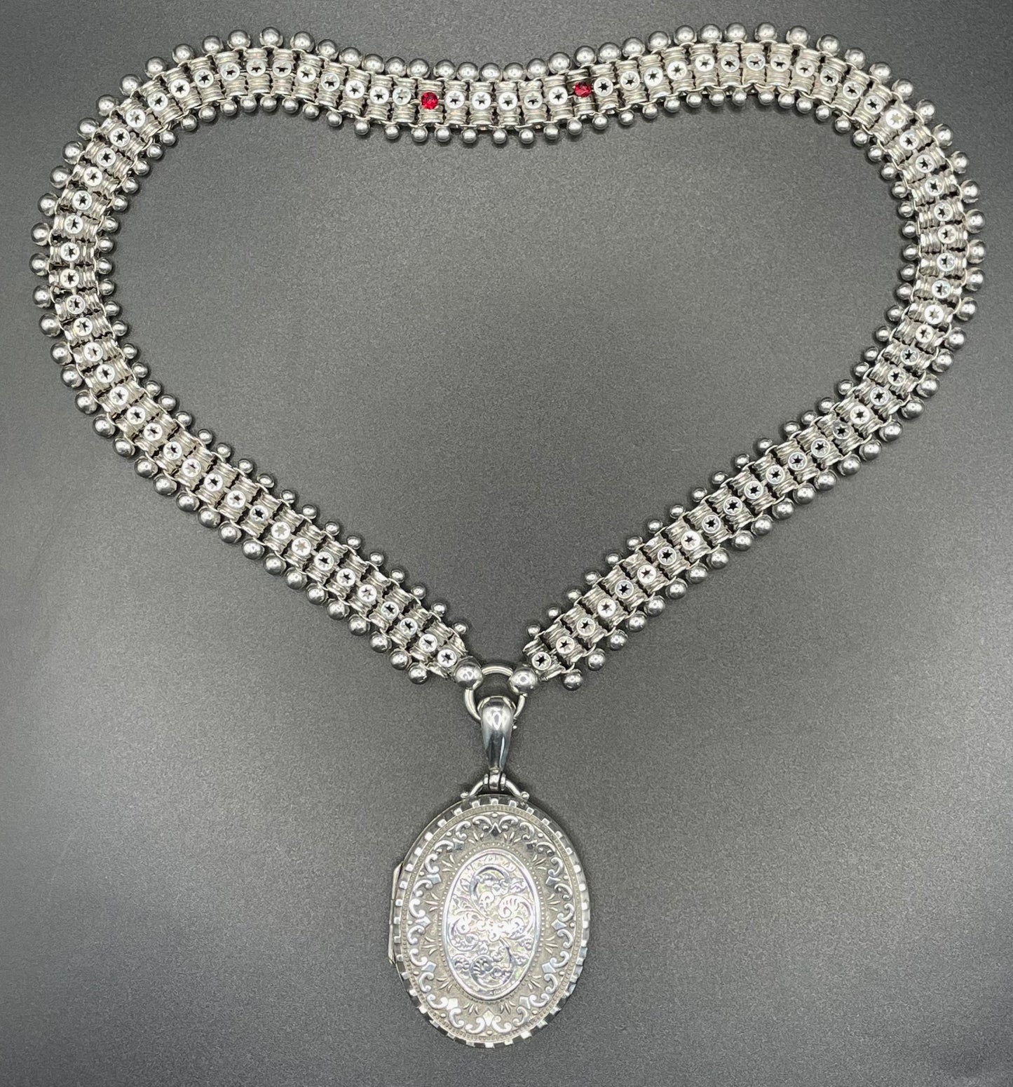 Antique Victorian sterling silver (tested) heavy bookchain necklace with large oval locket, beautiful engraving, 61 grams