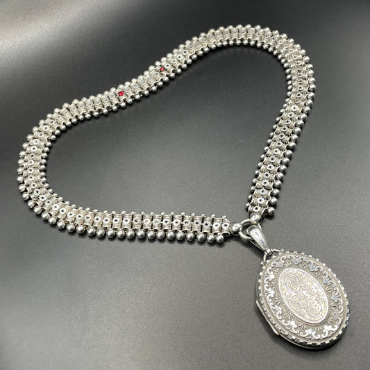 Antique Victorian sterling silver (tested) heavy bookchain necklace with large oval locket, beautiful engraving, 61 grams