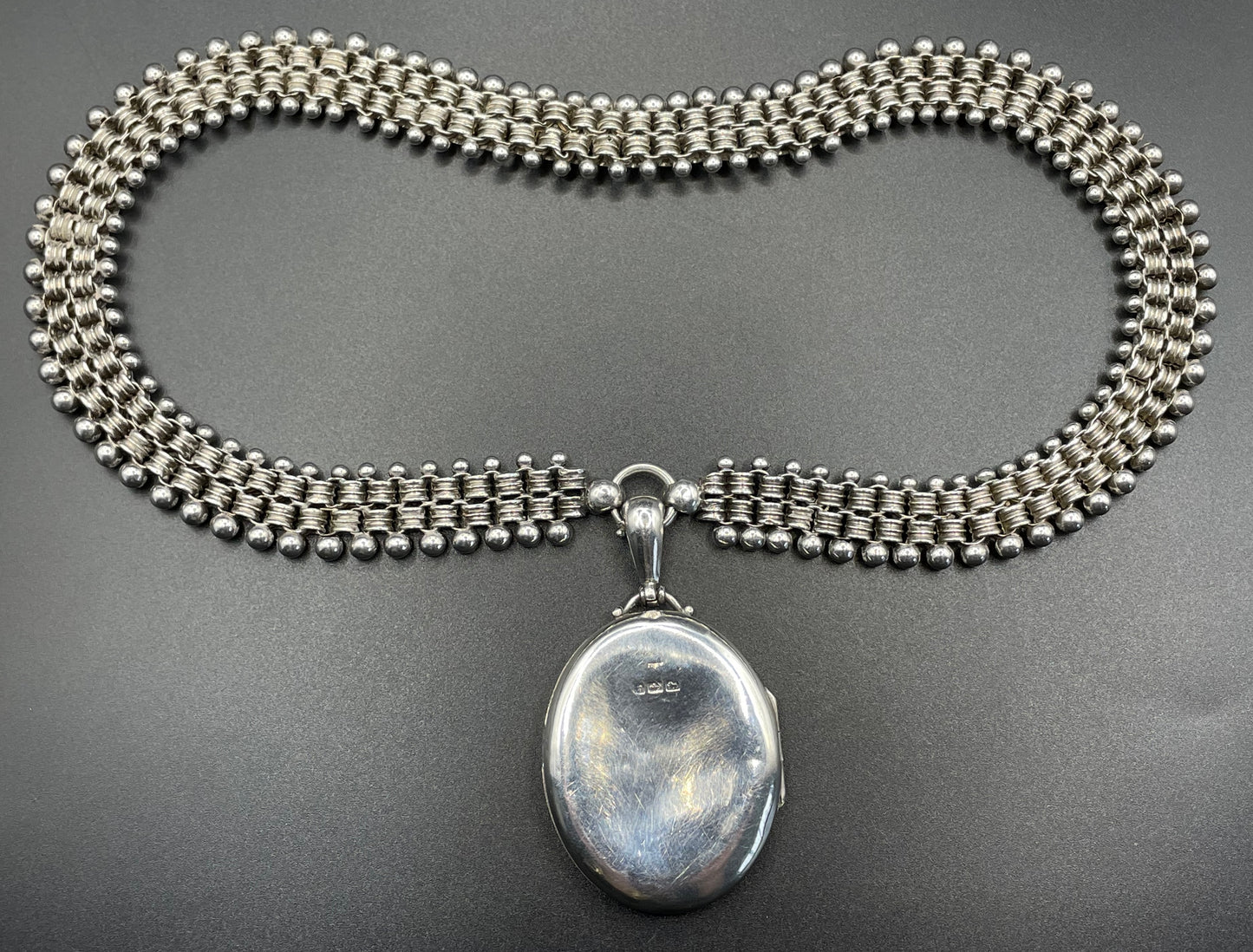 Antique Victorian sterling silver (tested) heavy bookchain necklace with large oval locket, beautiful engraving, 61 grams