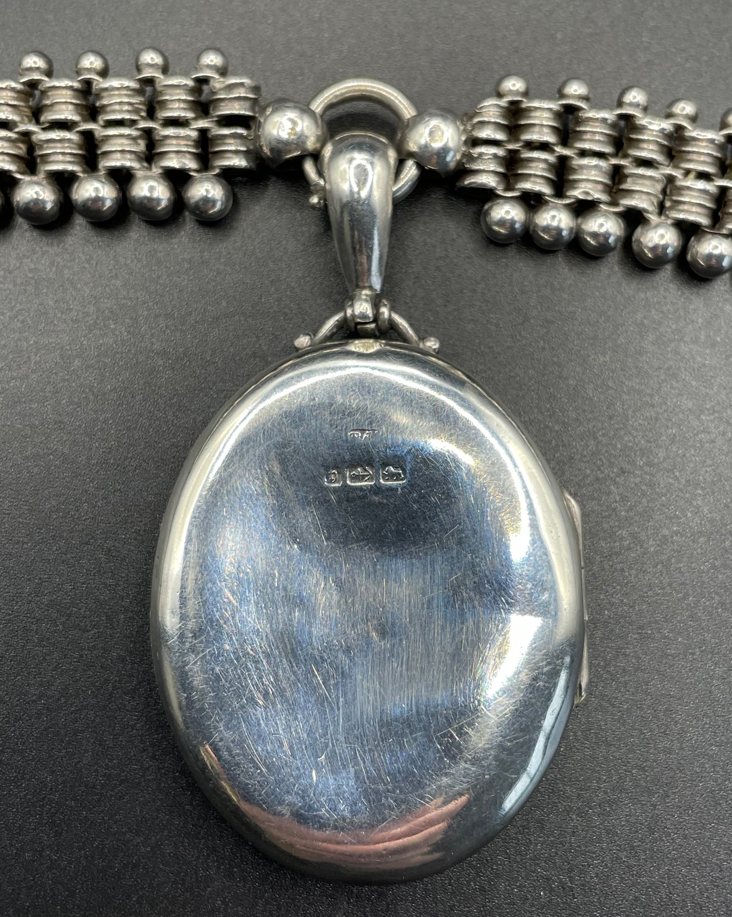 Antique Victorian sterling silver (tested) heavy bookchain necklace with large oval locket, beautiful engraving, 61 grams