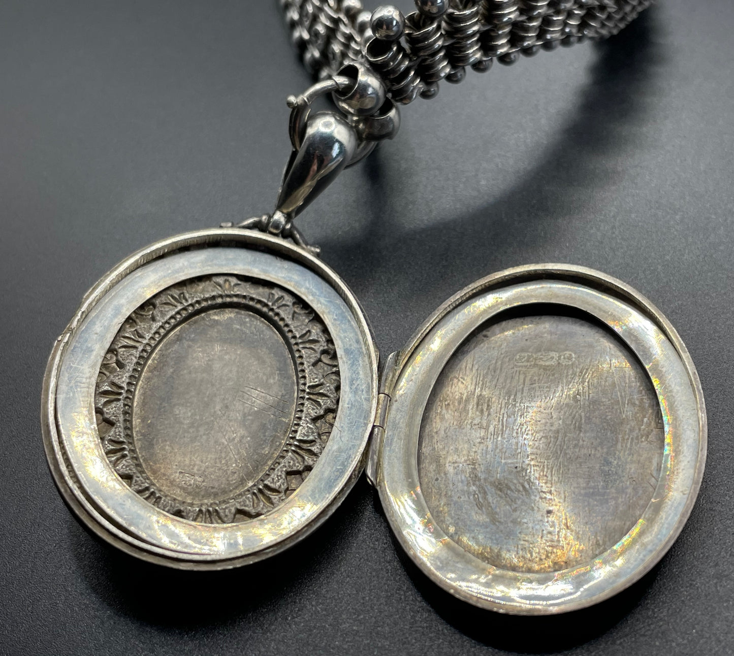 Antique Victorian sterling silver (tested) heavy bookchain necklace with large oval locket, beautiful engraving, 61 grams