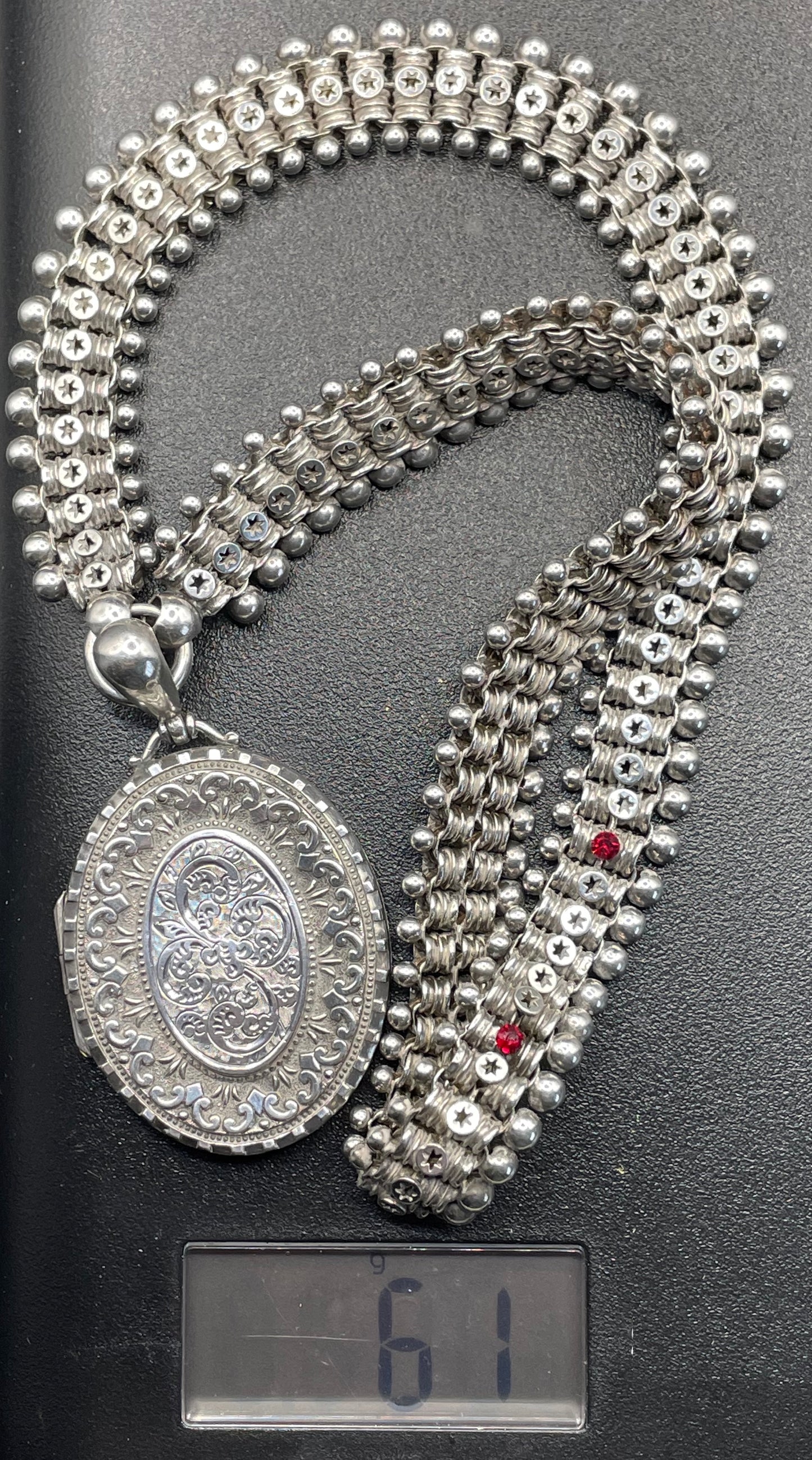 Antique Victorian sterling silver (tested) heavy bookchain necklace with large oval locket, beautiful engraving, 61 grams