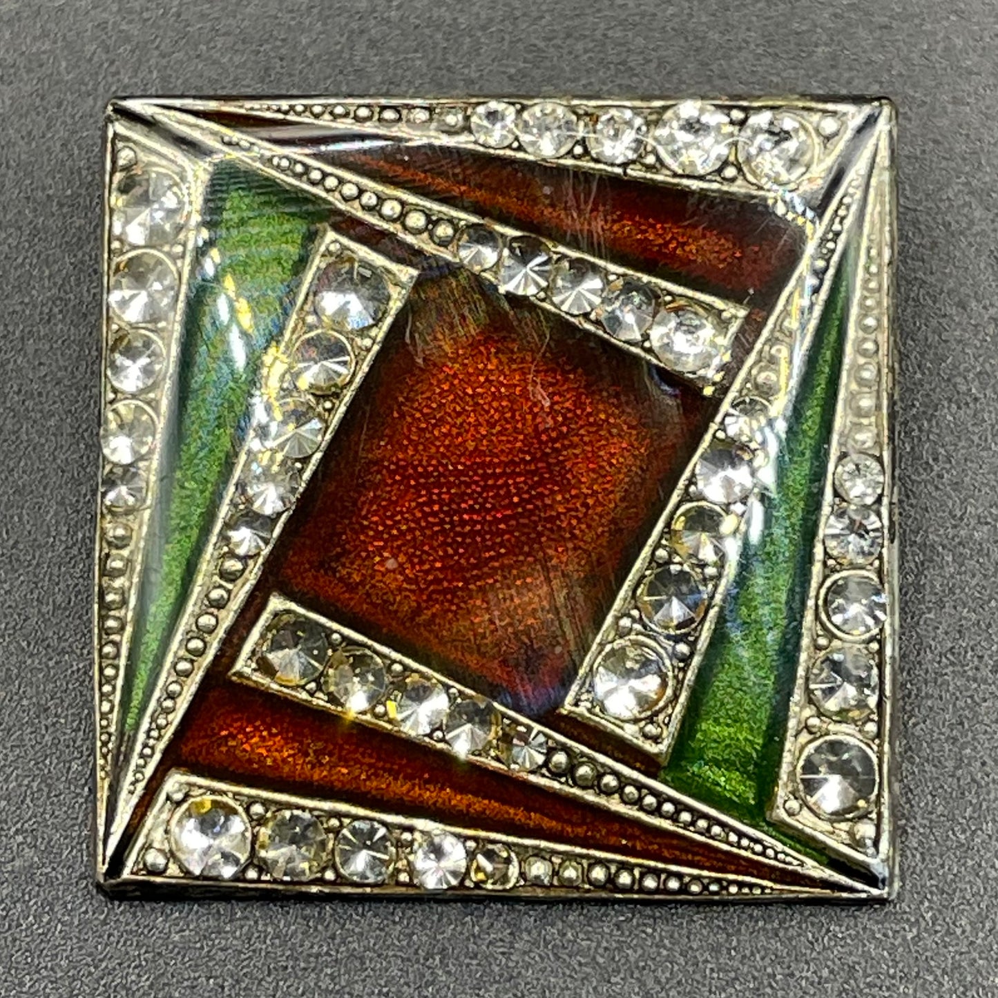 Vintage Pierre Bex Art Deco green and deep red / burgundy enamel and rhinestone square brooch, fabulous geometric design