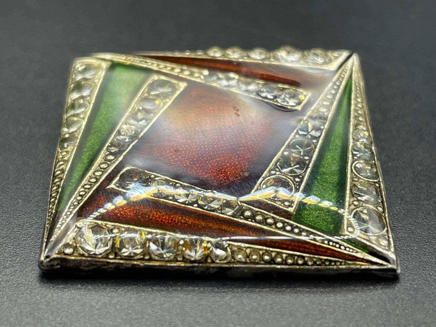 Vintage Pierre Bex Art Deco green and deep red / burgundy enamel and rhinestone square brooch, fabulous geometric design