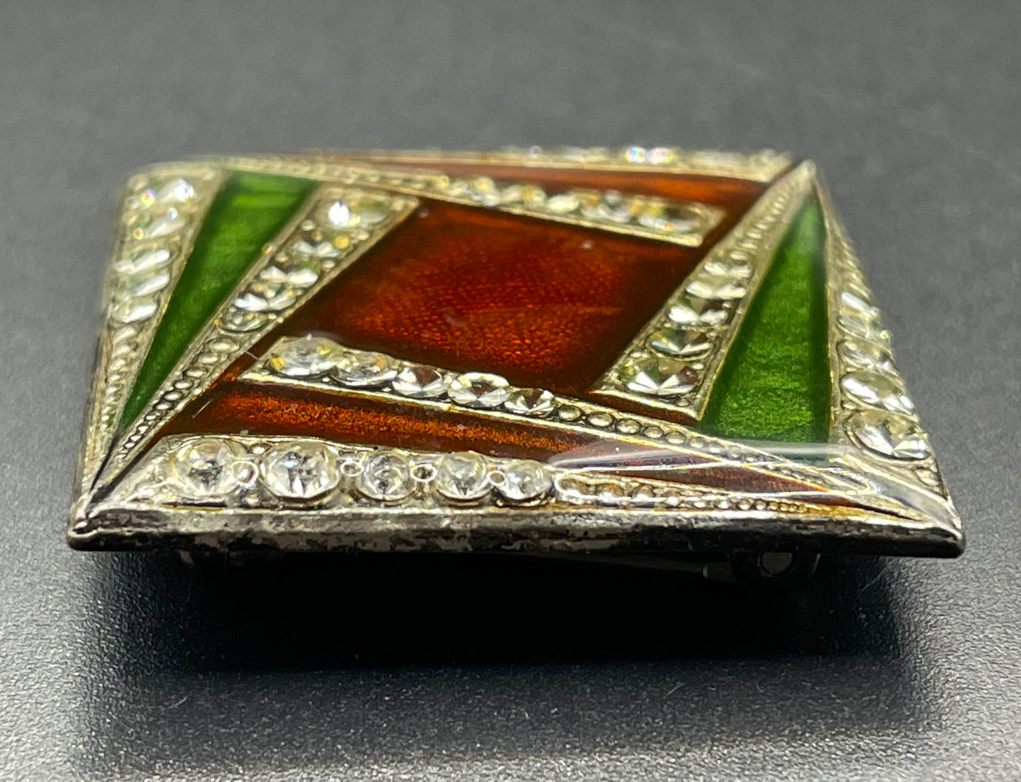 Vintage Pierre Bex Art Deco green and deep red / burgundy enamel and rhinestone square brooch, fabulous geometric design