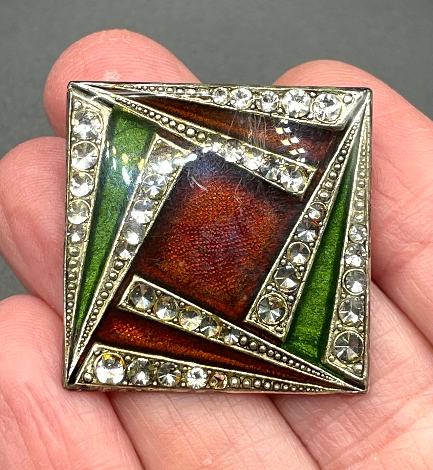 Vintage Pierre Bex Art Deco green and deep red / burgundy enamel and rhinestone square brooch, fabulous geometric design