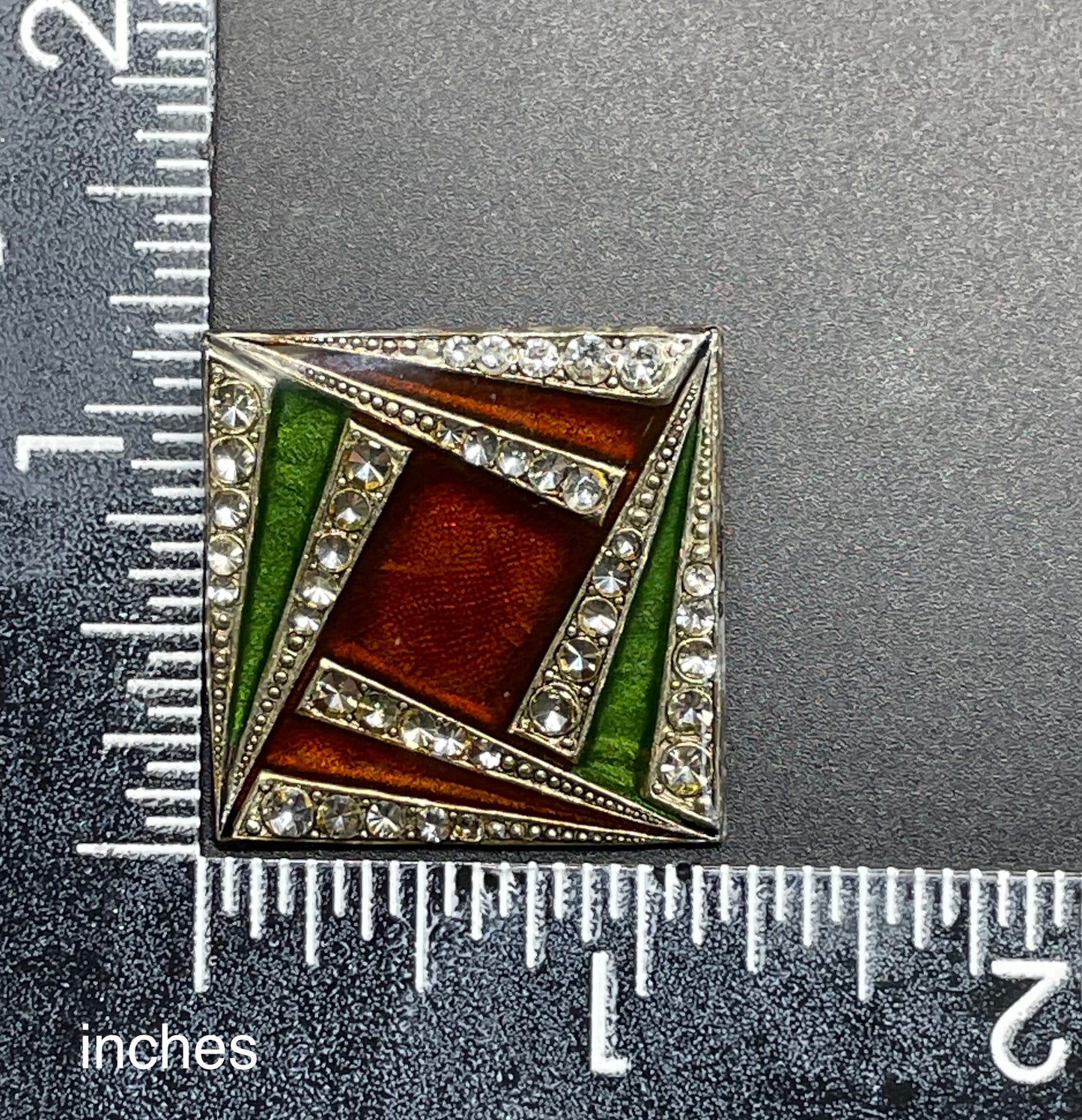 Vintage Pierre Bex Art Deco green and deep red / burgundy enamel and rhinestone square brooch, fabulous geometric design