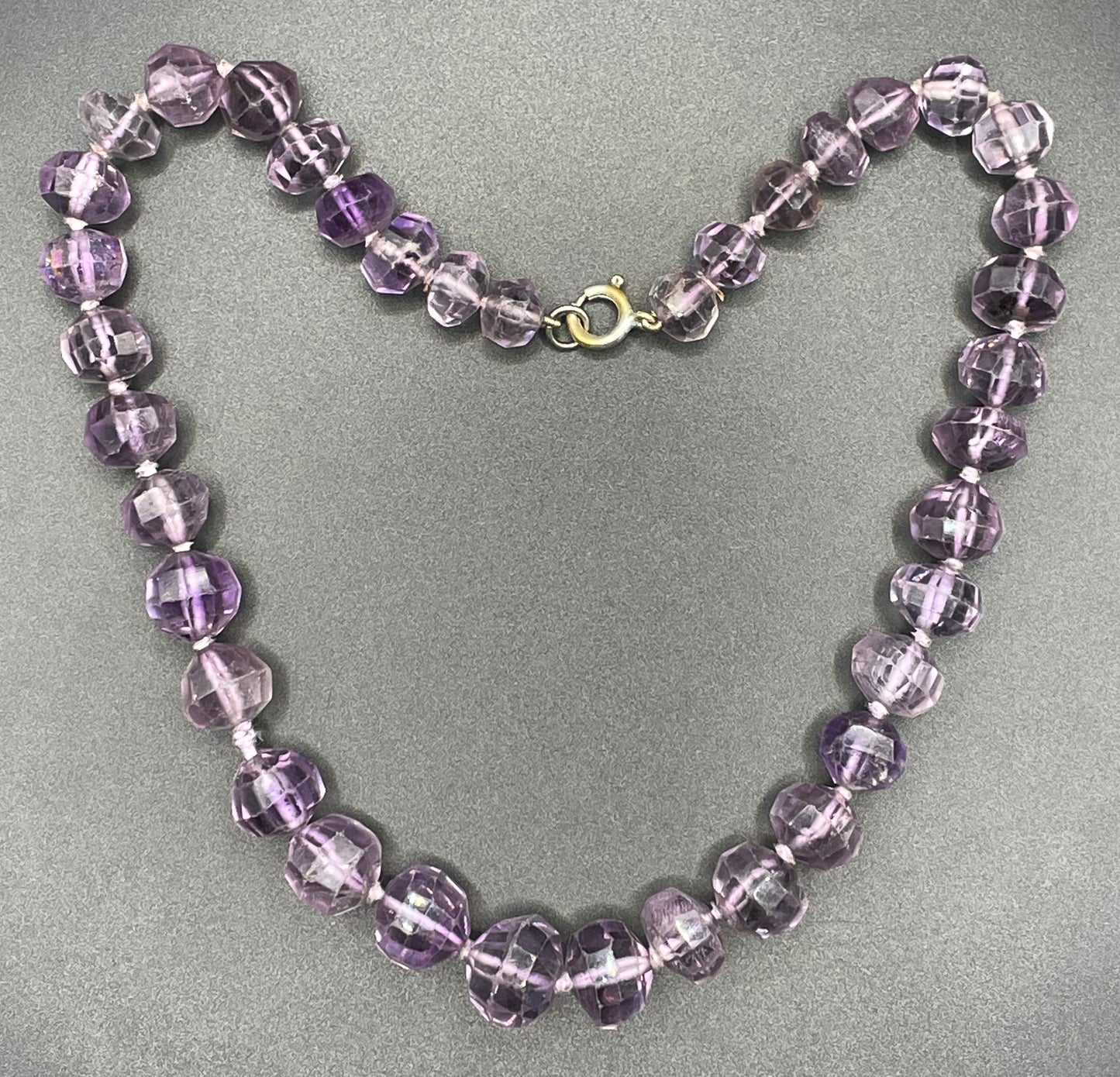 Antique / vintage real amethyst gemstone hand-faceted large bead necklace, hand-knotted beads, lovely shades of purple and violet, 63 grams