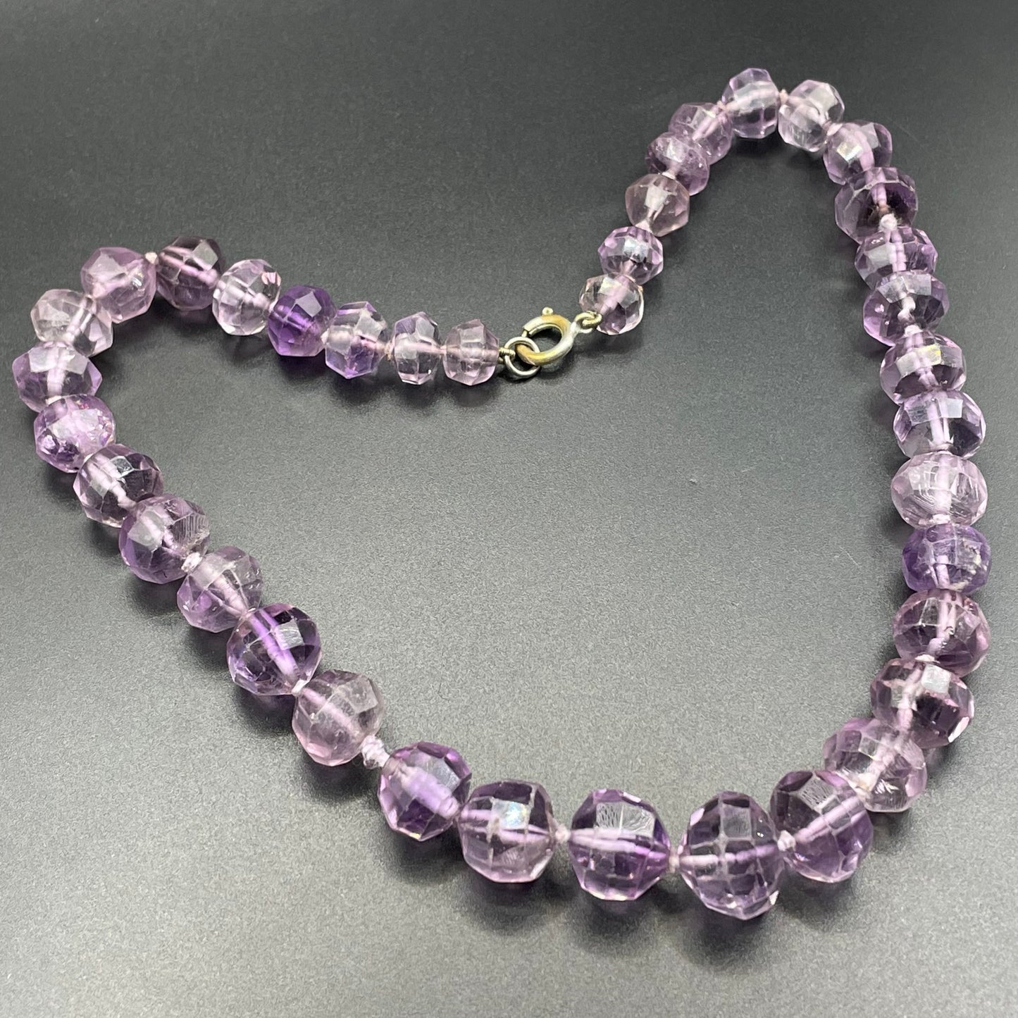 Antique / vintage real amethyst gemstone hand-faceted large bead necklace, hand-knotted beads, lovely shades of purple and violet, 63 grams