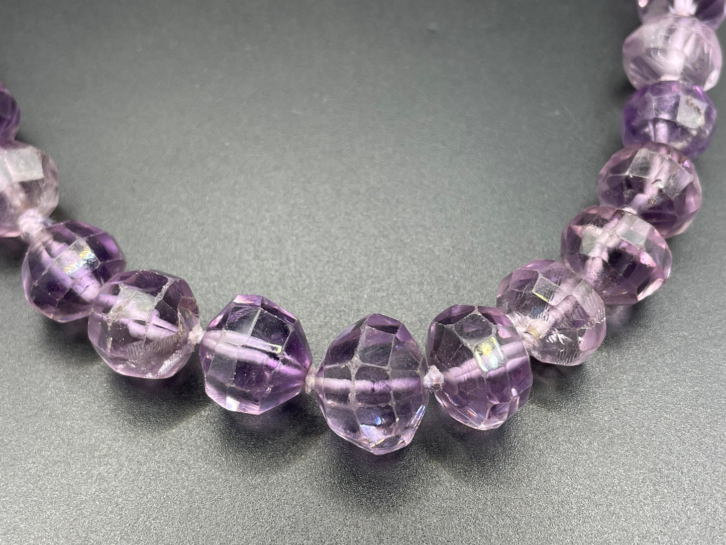 Antique / vintage real amethyst gemstone hand-faceted large bead necklace, hand-knotted beads, lovely shades of purple and violet, 63 grams