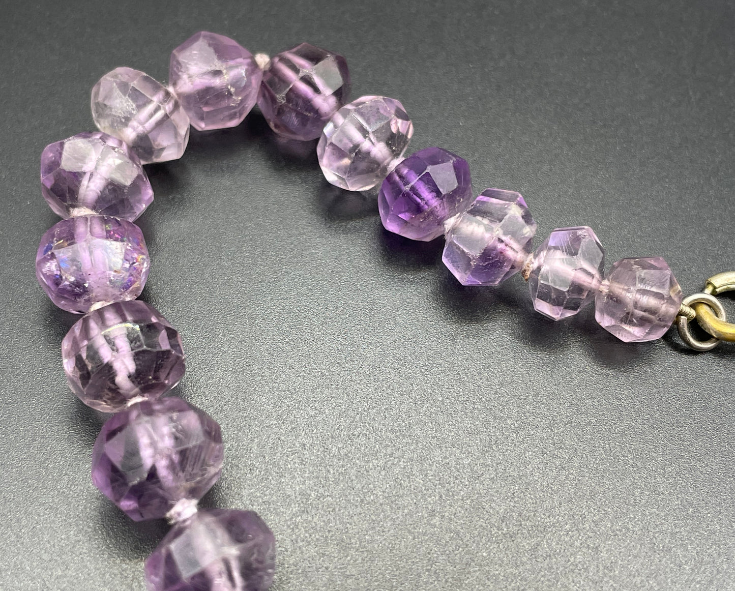 Antique / vintage real amethyst gemstone hand-faceted large bead necklace, hand-knotted beads, lovely shades of purple and violet, 63 grams