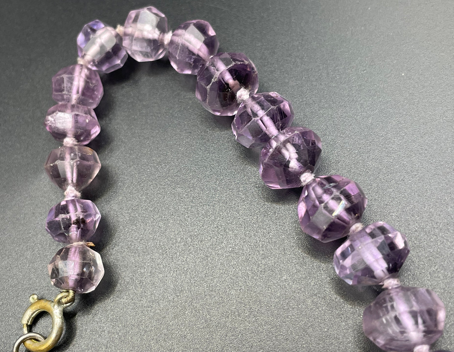 Antique / vintage real amethyst gemstone hand-faceted large bead necklace, hand-knotted beads, lovely shades of purple and violet, 63 grams