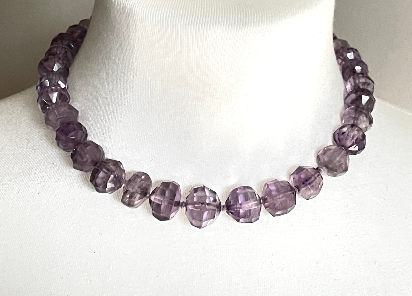 Antique / vintage real amethyst gemstone hand-faceted large bead necklace, hand-knotted beads, lovely shades of purple and violet, 63 grams