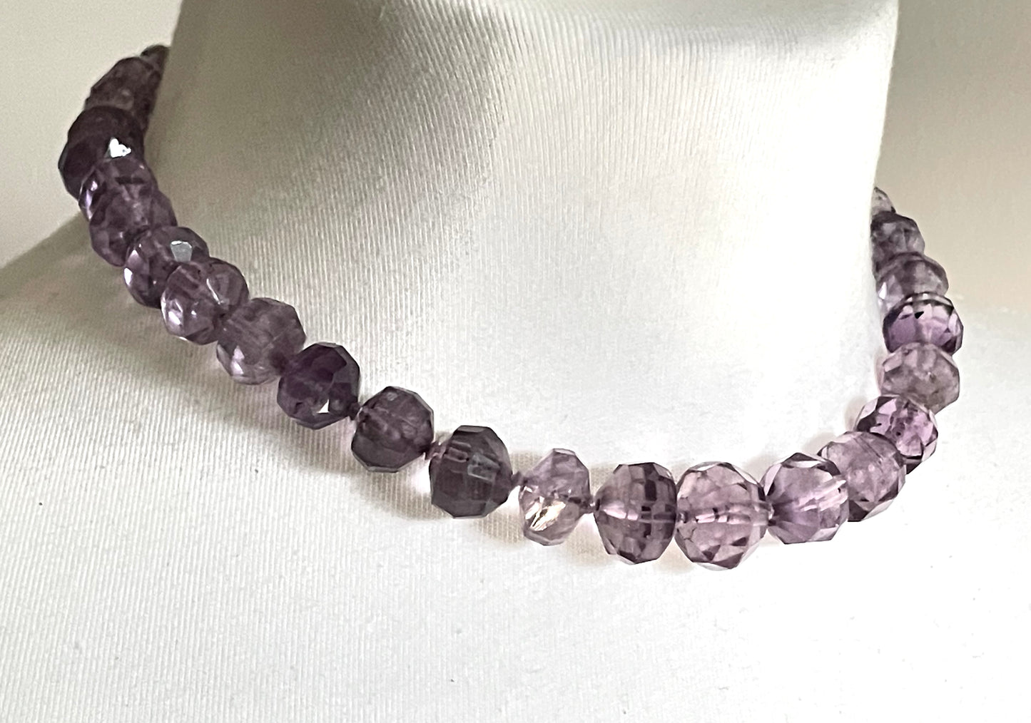 Antique / vintage real amethyst gemstone hand-faceted large bead necklace, hand-knotted beads, lovely shades of purple and violet, 63 grams