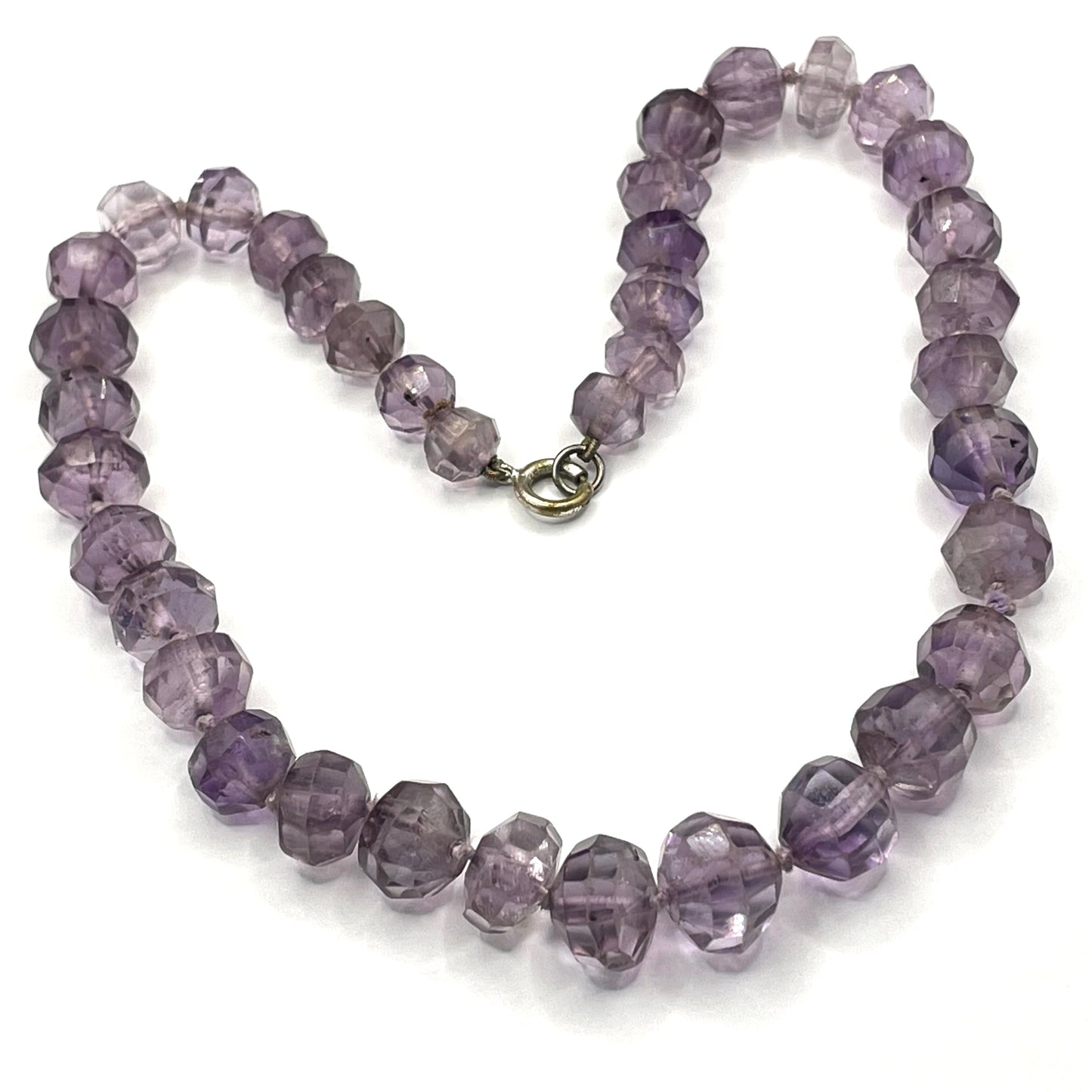 Antique / vintage real amethyst gemstone hand-faceted large bead necklace, hand-knotted beads, lovely shades of purple and violet, 63 grams