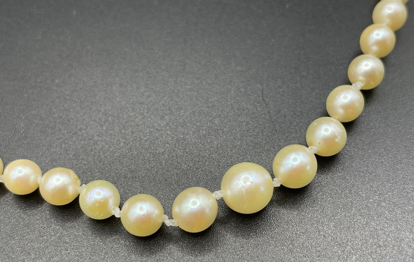 Antique real cultured pearl choker necklace, pearls graduated in size, hand-knotted, pretty sterling silver clasp, classic chic