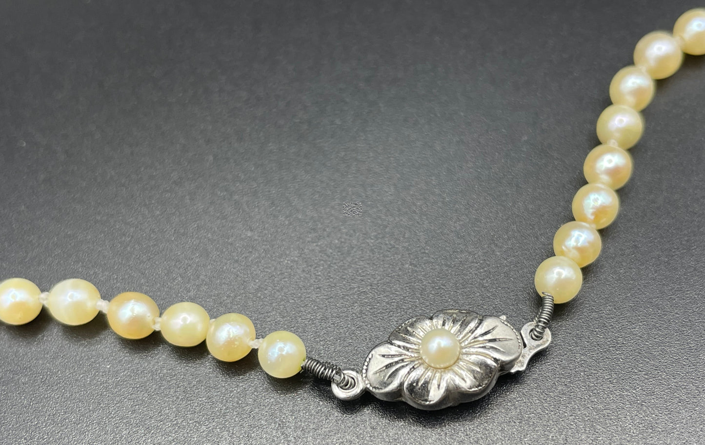 Antique real cultured pearl choker necklace, pearls graduated in size, hand-knotted, pretty sterling silver clasp, classic chic