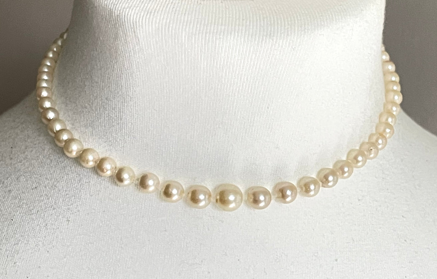 Antique real cultured pearl choker necklace, pearls graduated in size, hand-knotted, pretty sterling silver clasp, classic chic