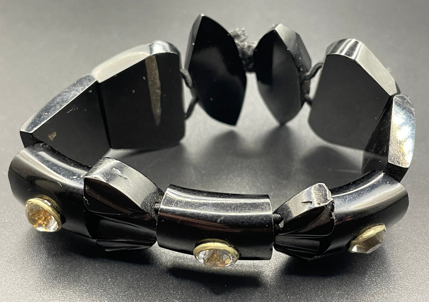 Antique Victorian Whitby jet hand carved chunky bead stretch bracelet, with faceted rock crystal gems, bezel set in silver