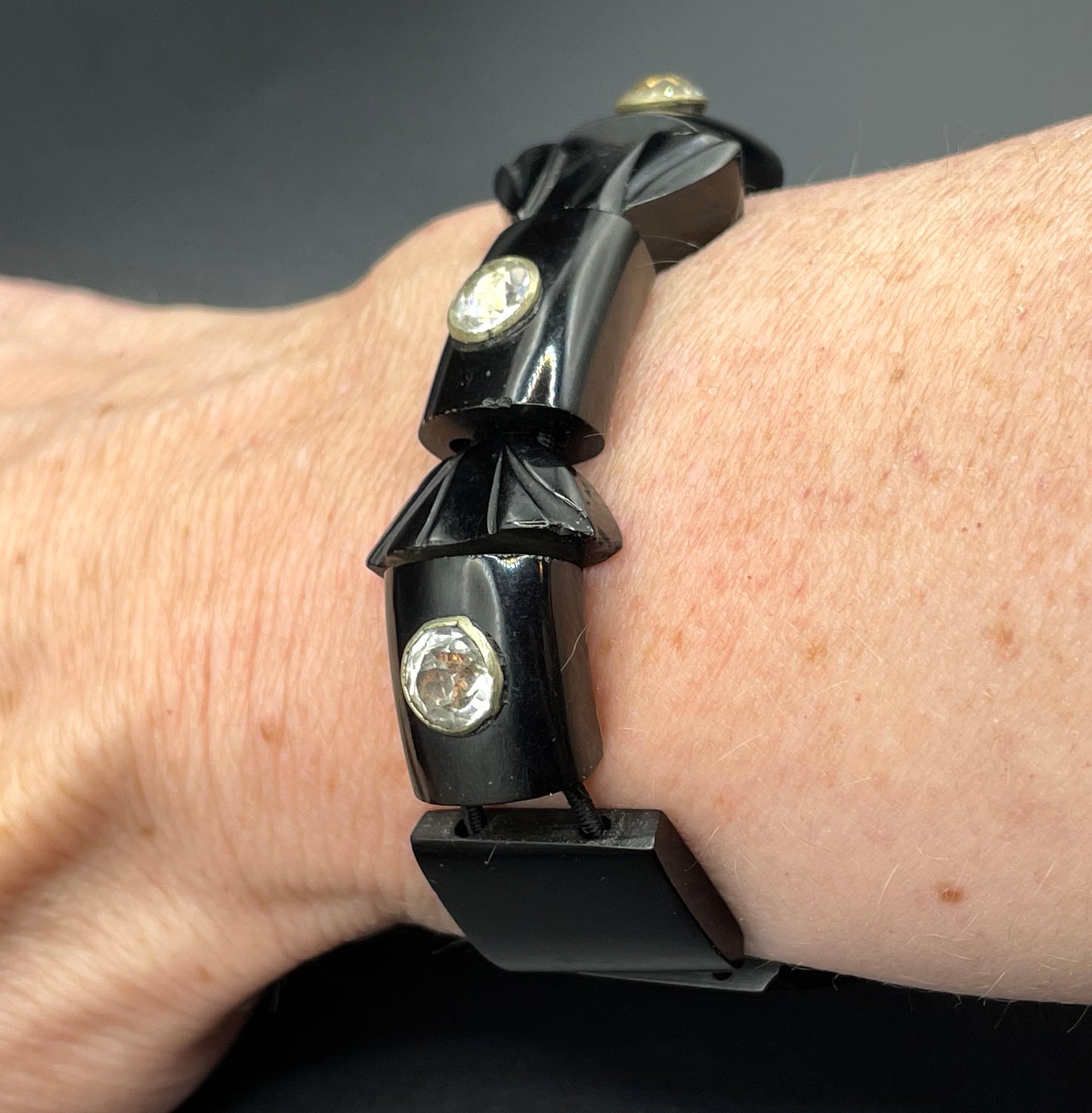 Antique Victorian Whitby jet hand carved chunky bead stretch bracelet, with faceted rock crystal gems, bezel set in silver