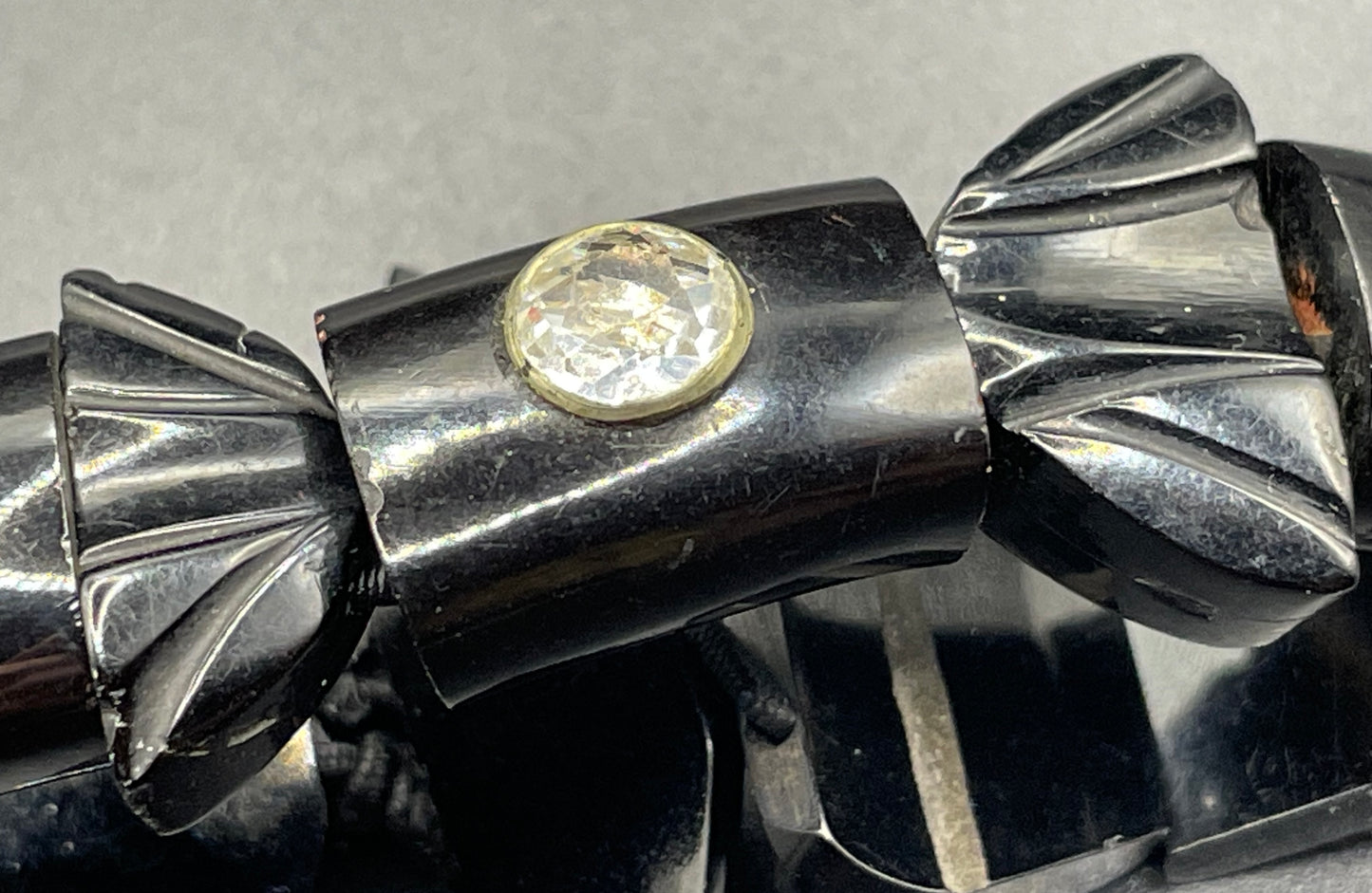 Antique Victorian Whitby jet hand carved chunky bead stretch bracelet, with faceted rock crystal gems, bezel set in silver