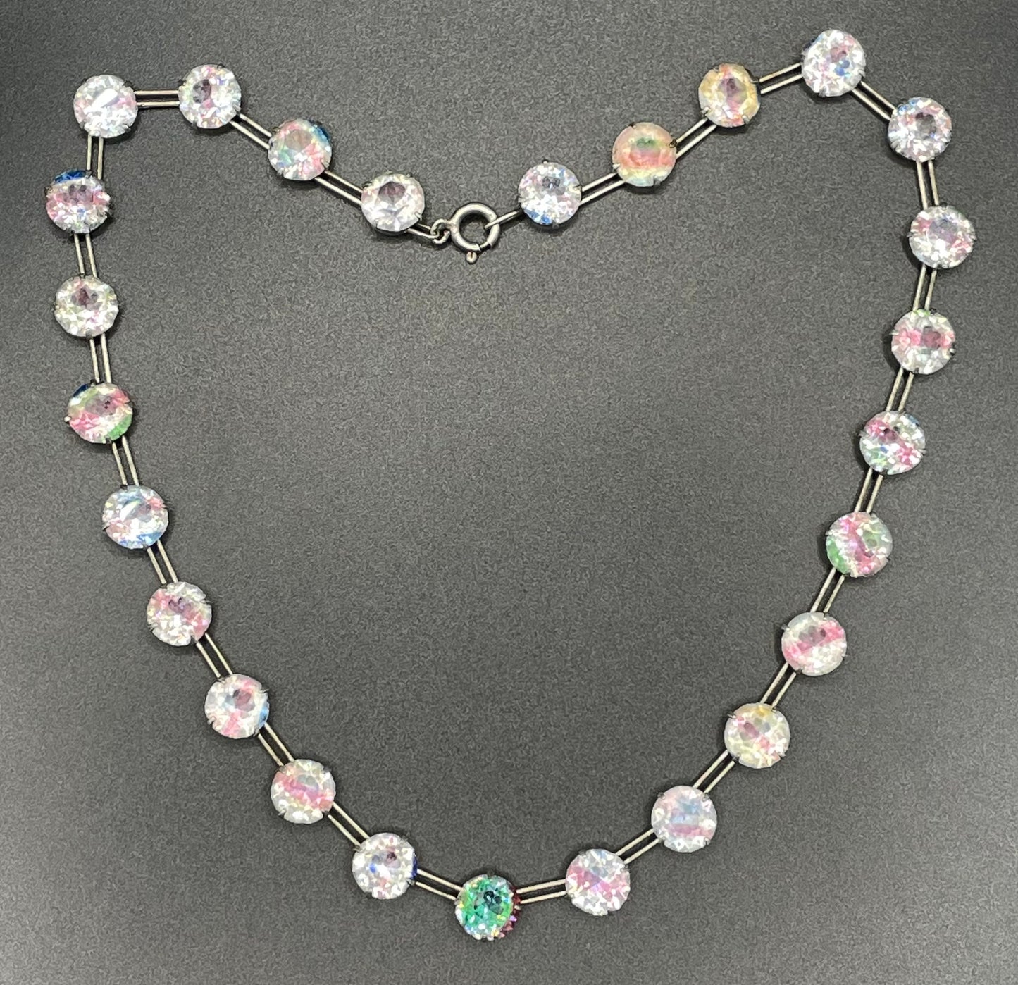 Vintage sterling silver Art Deco iris glass crystal riviere necklace, bezel set, open backed rhinestones, by W H Collins