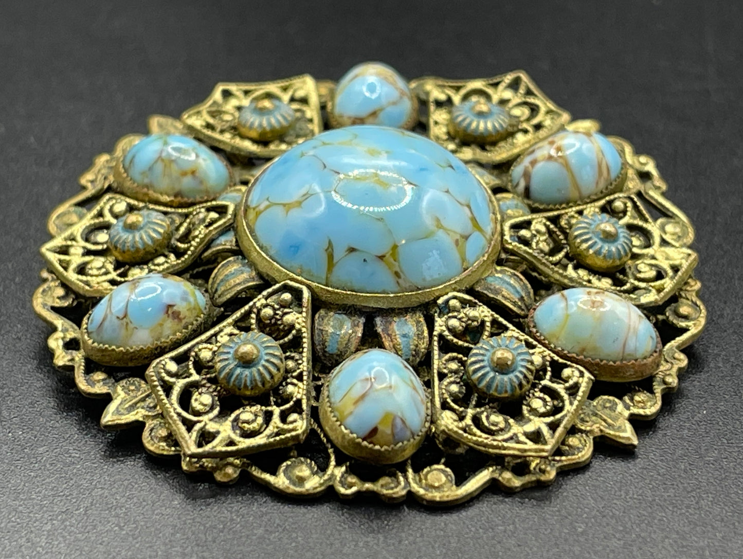 Vintage Neiger brothers Art Deco faux turquoise glass cabochon brooch in gold tone filigree