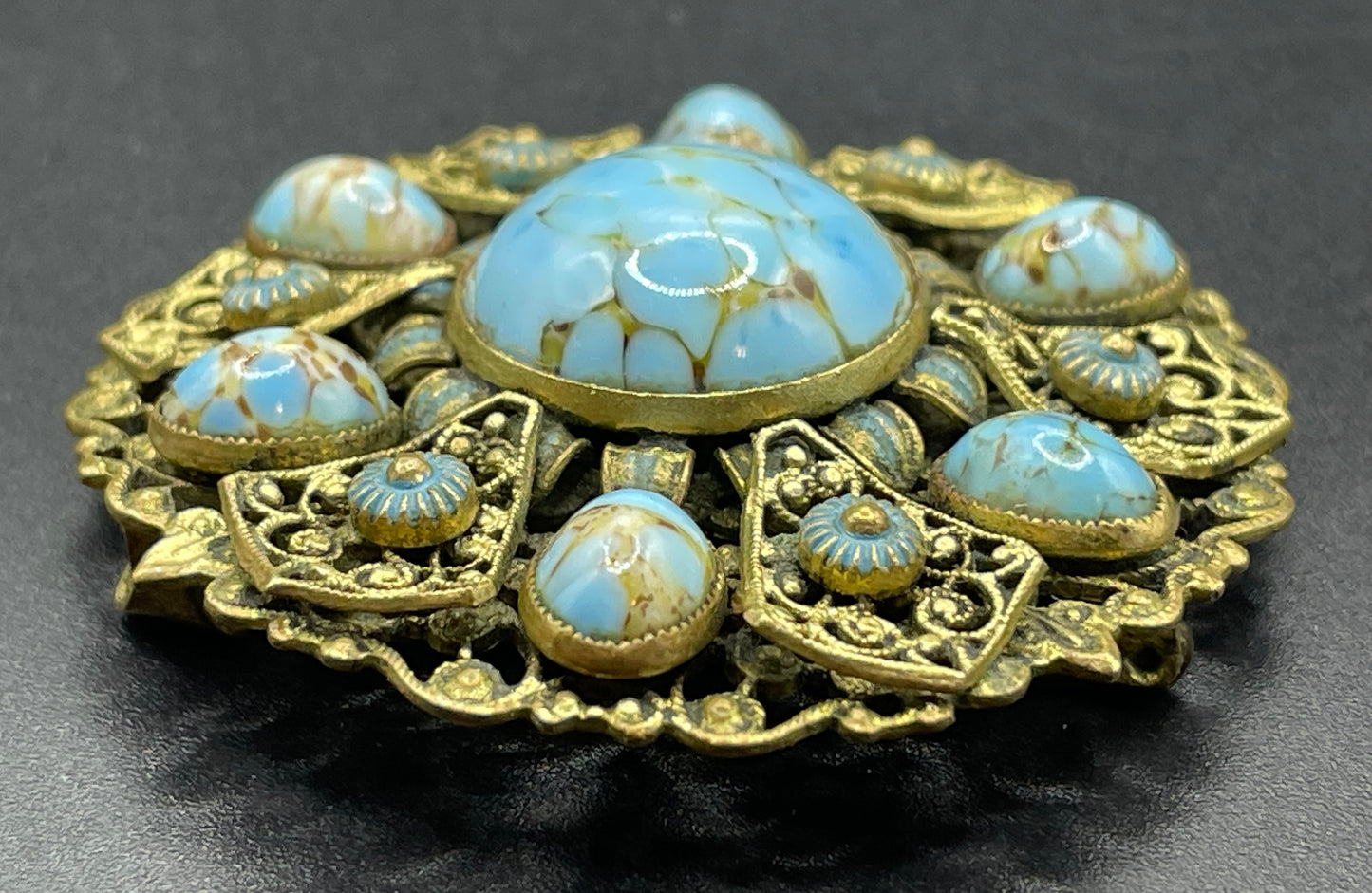 Vintage Neiger brothers Art Deco faux turquoise glass cabochon brooch in gold tone filigree