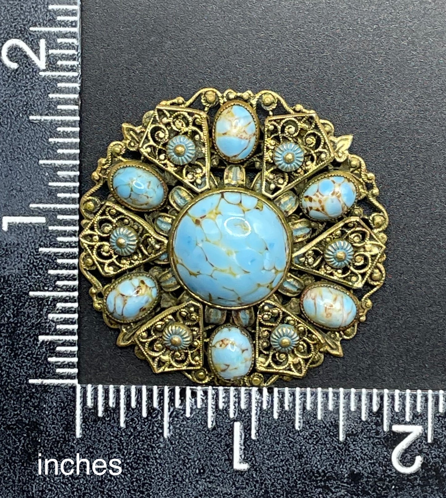 Vintage Neiger brothers Art Deco faux turquoise glass cabochon brooch in gold tone filigree