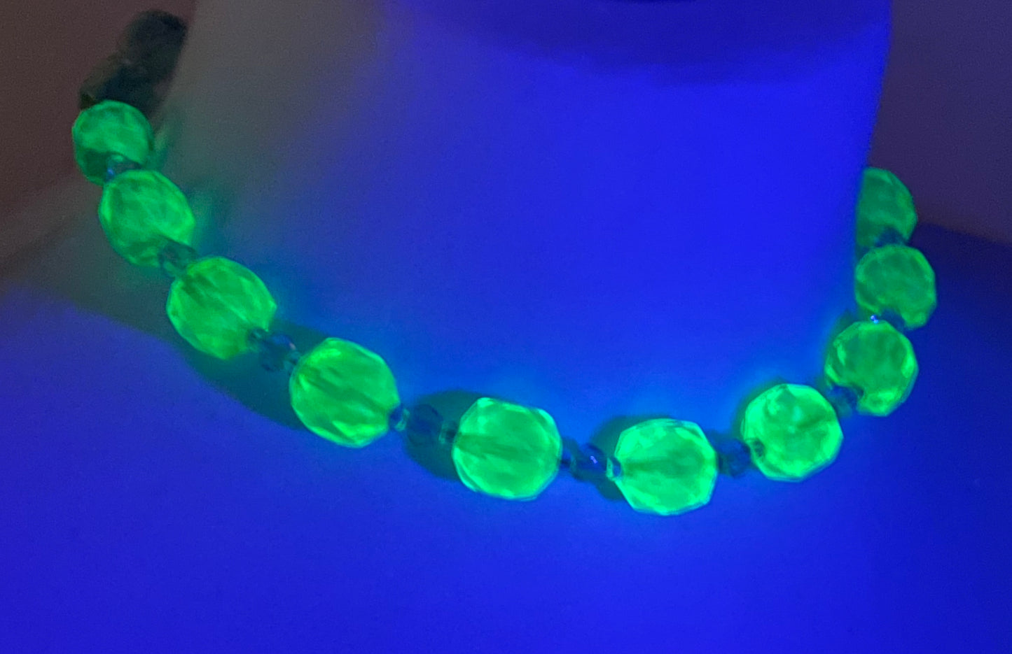 Vintage uranium glass and clear faceted crystal bead Art Deco necklace - fabulous apple green beads that glow under UV light