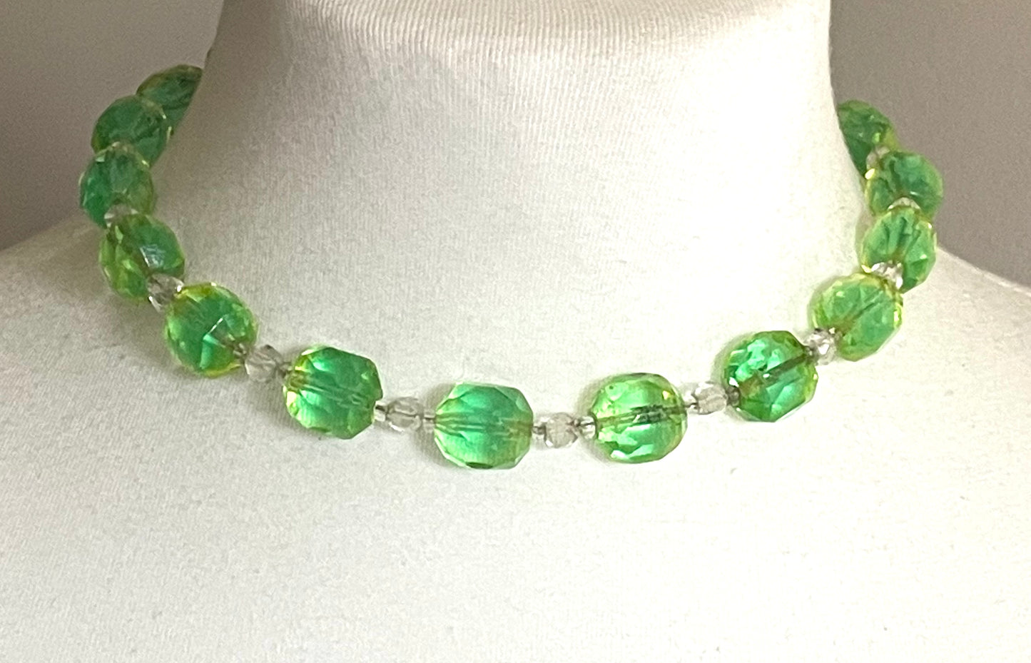 Vintage uranium glass and clear faceted crystal bead Art Deco necklace - fabulous apple green beads that glow under UV light