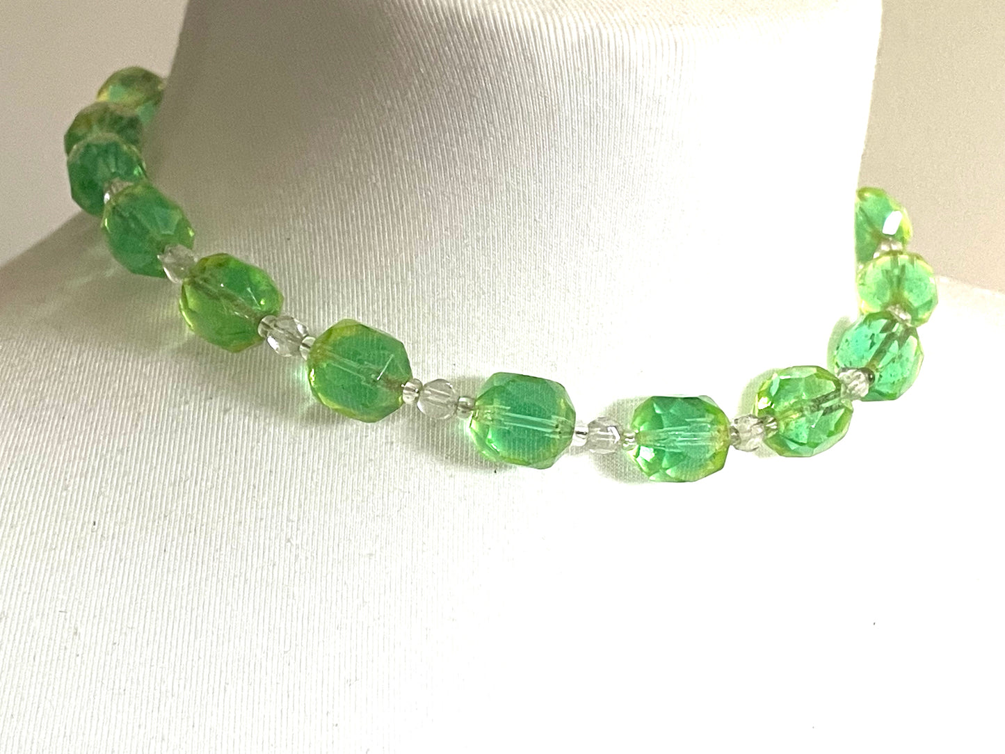 Vintage uranium glass and clear faceted crystal bead Art Deco necklace - fabulous apple green beads that glow under UV light