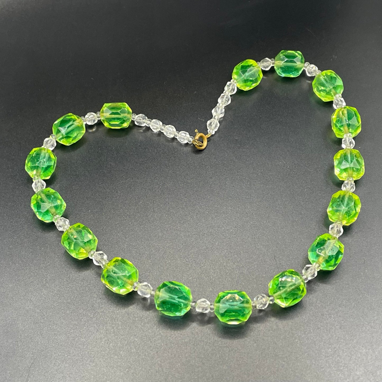 Vintage uranium glass and clear faceted crystal bead Art Deco necklace - fabulous apple green beads that glow under UV light