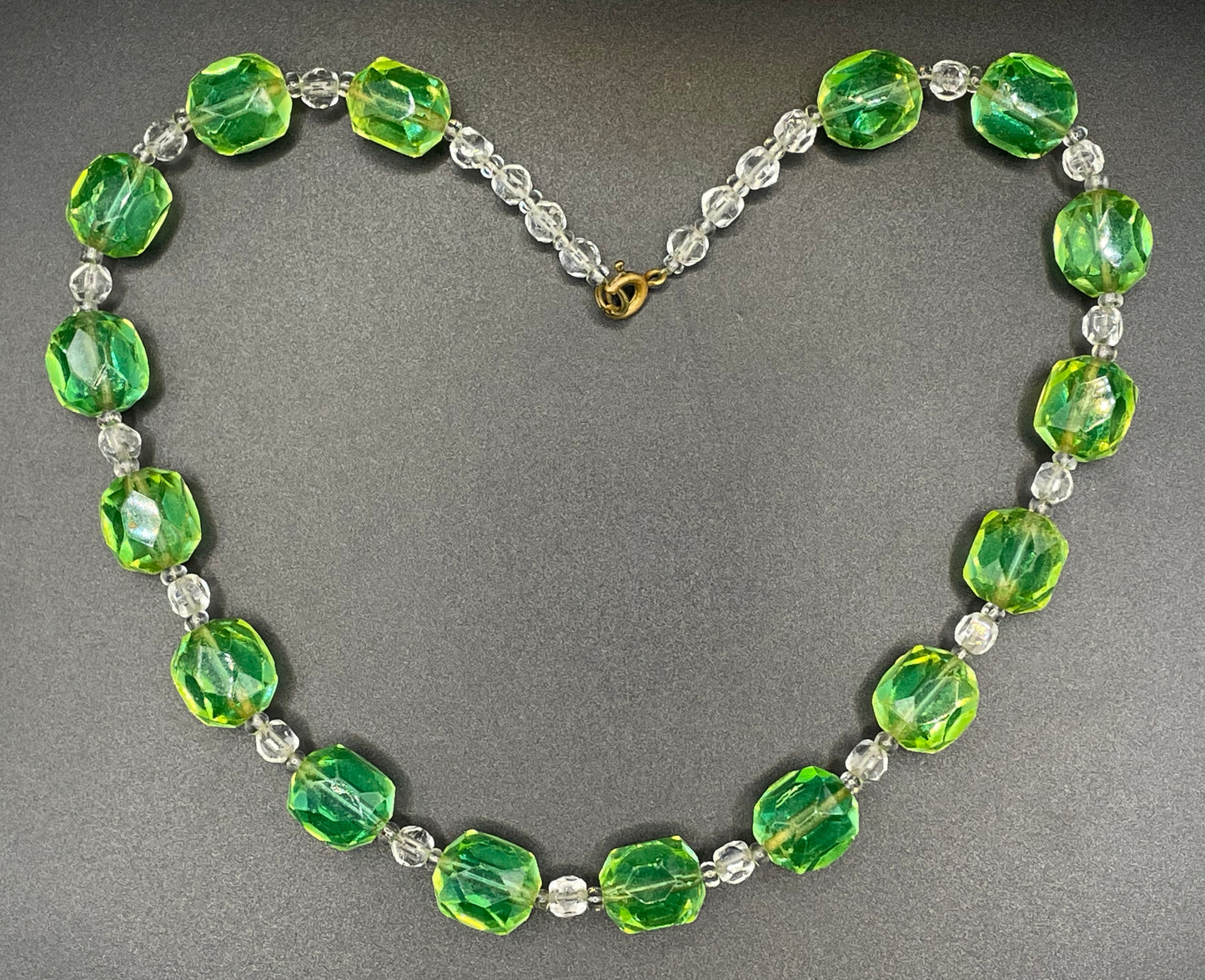 Vintage uranium glass and clear faceted crystal bead Art Deco necklace - fabulous apple green beads that glow under UV light