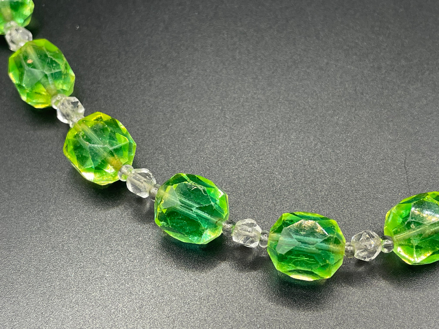 Vintage uranium glass and clear faceted crystal bead Art Deco necklace - fabulous apple green beads that glow under UV light