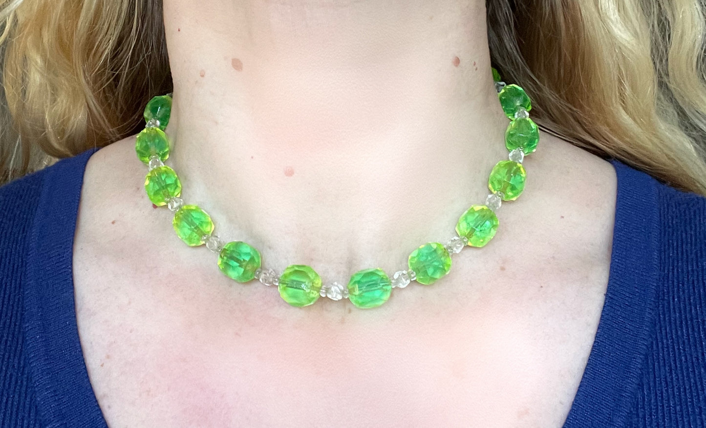 Vintage uranium glass and clear faceted crystal bead Art Deco necklace - fabulous apple green beads that glow under UV light