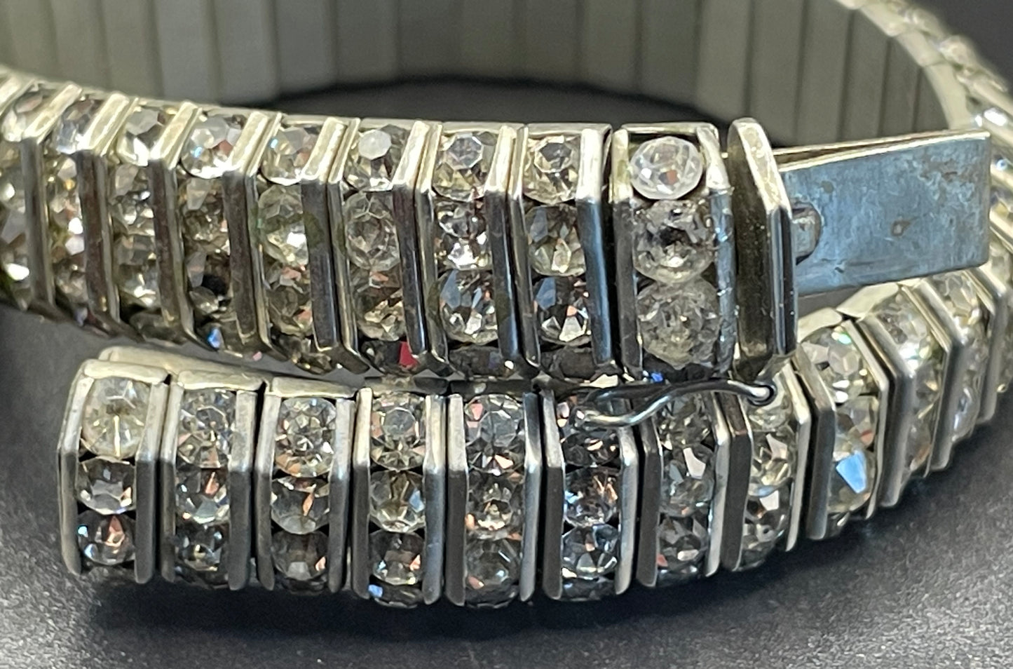 Vintage DRGM stamped Schreiber & Hiller Art Deco channel set paste clear rhinestone geometric machine age bracelet