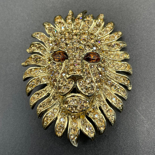 Vintage Attwood and Sawyer (A&S) large rhinestone lion brooch - signed, 22ct gold-plated, champagne and topaz colour stones